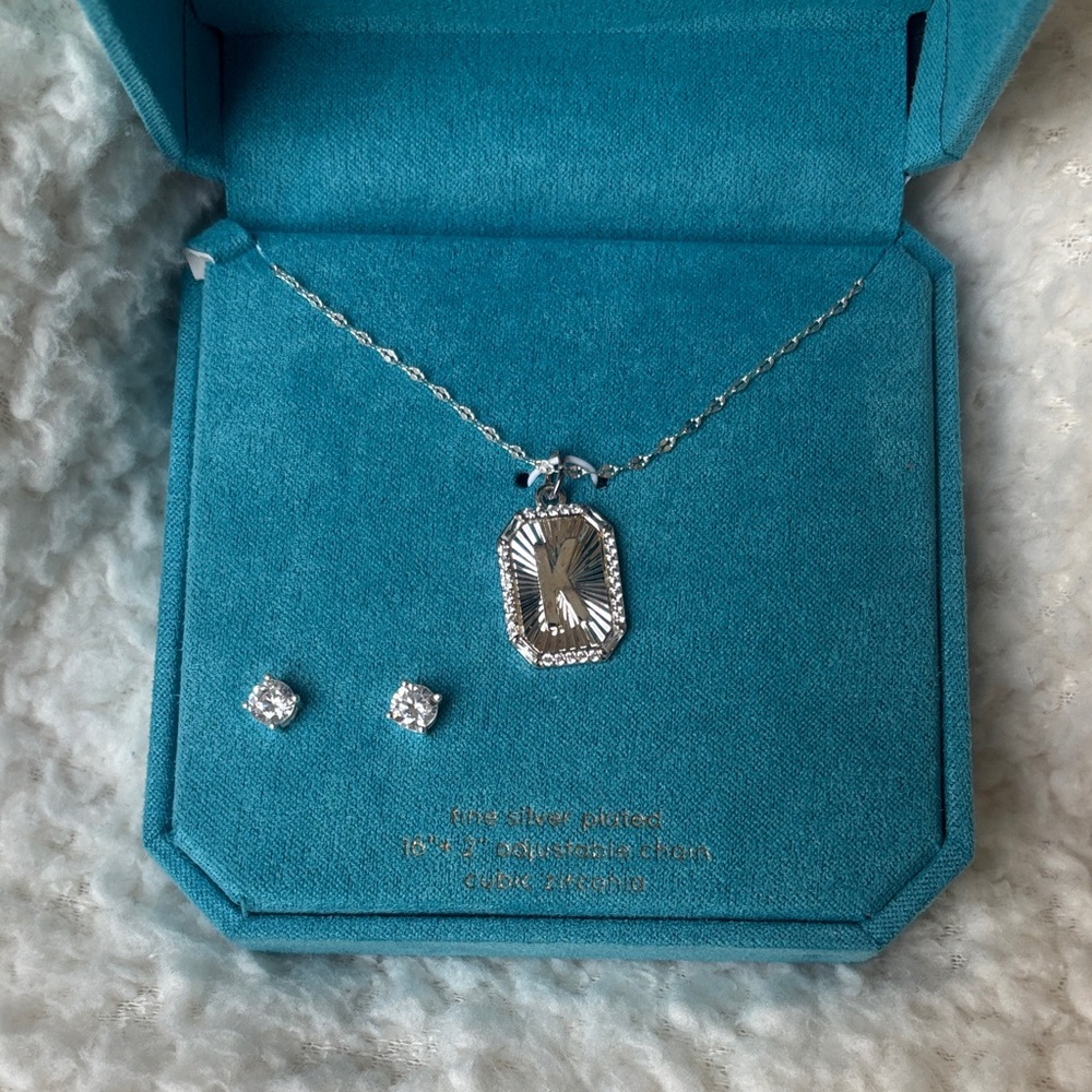 Unwritten “K” Initial Silver Necklace and Earring Set
